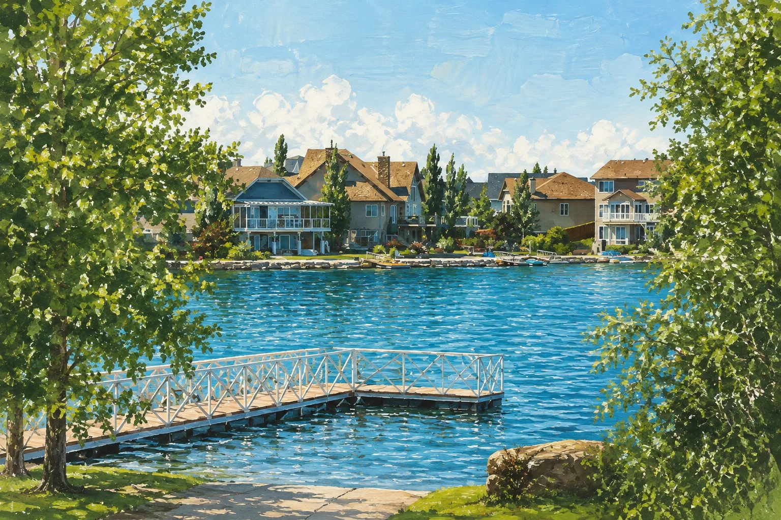 Summer gouache illustration of Auburn Bay lake, dock and waterfront homes framed by leafy trees