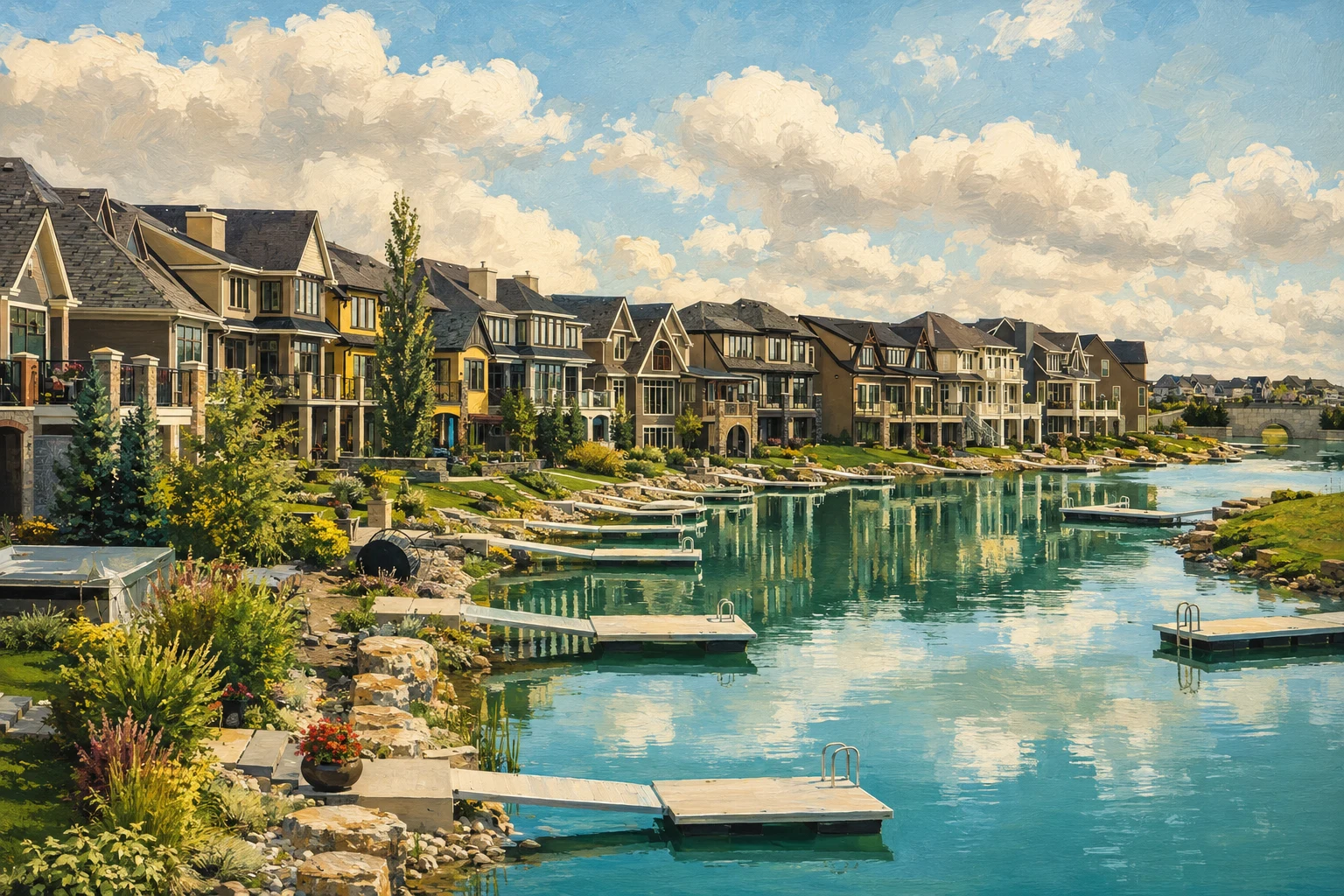 Gouache illustration of Mahogany lake, private docks, lakeside homes and the arched bridge